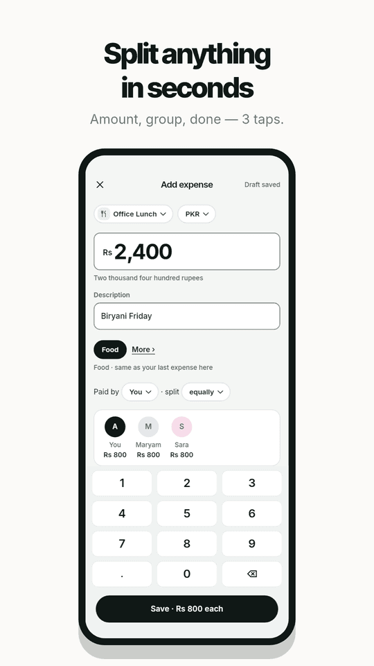 Adding an expense: an amount, a hisaab and who paid, in a few taps