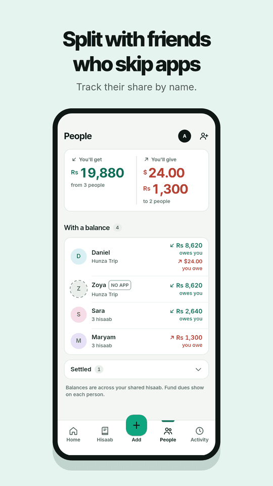 People: friends without the app, tracked by name